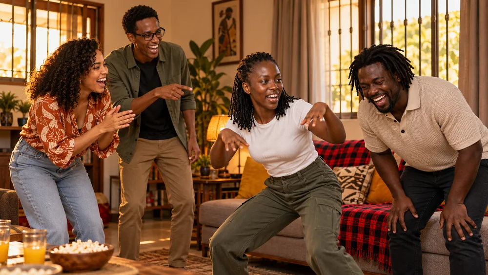 Friends laughing as one mimes during a game-night warm-up.