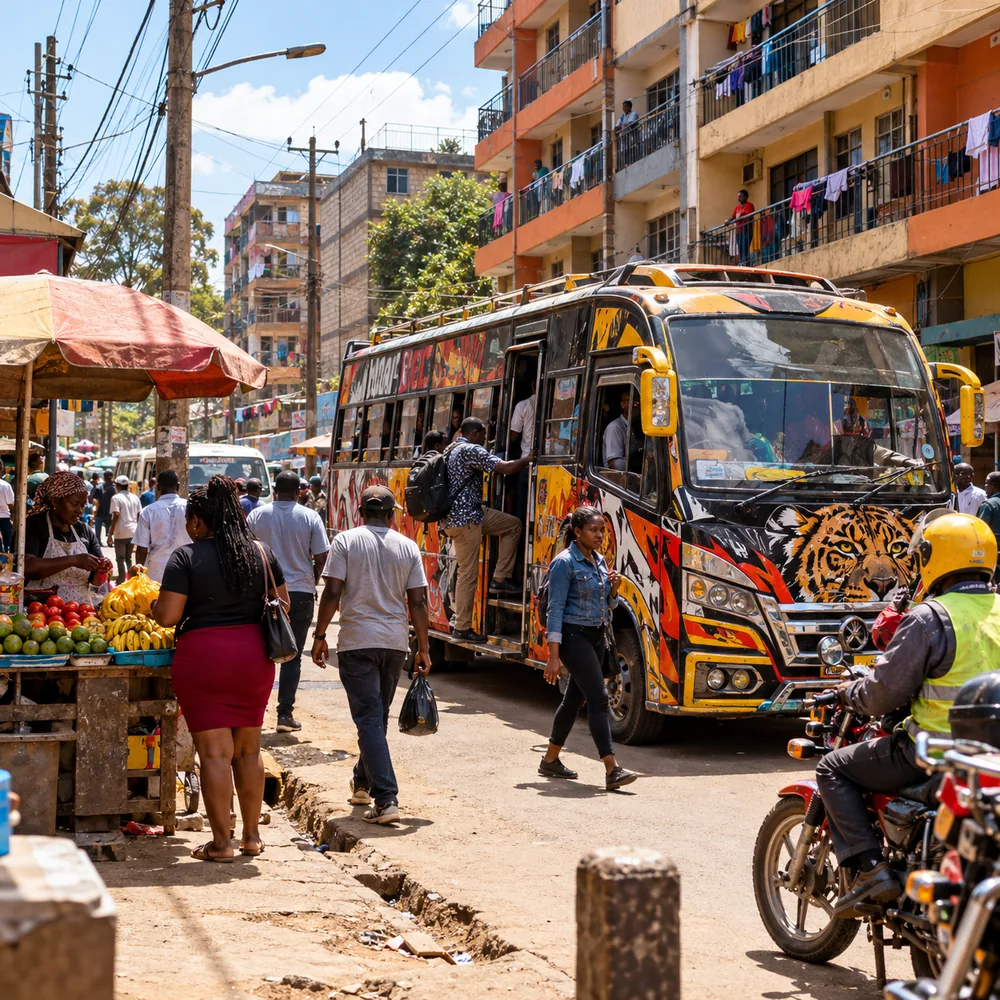 Nairobi estate street with a nganya matatu, fruit stall and pedestrians.