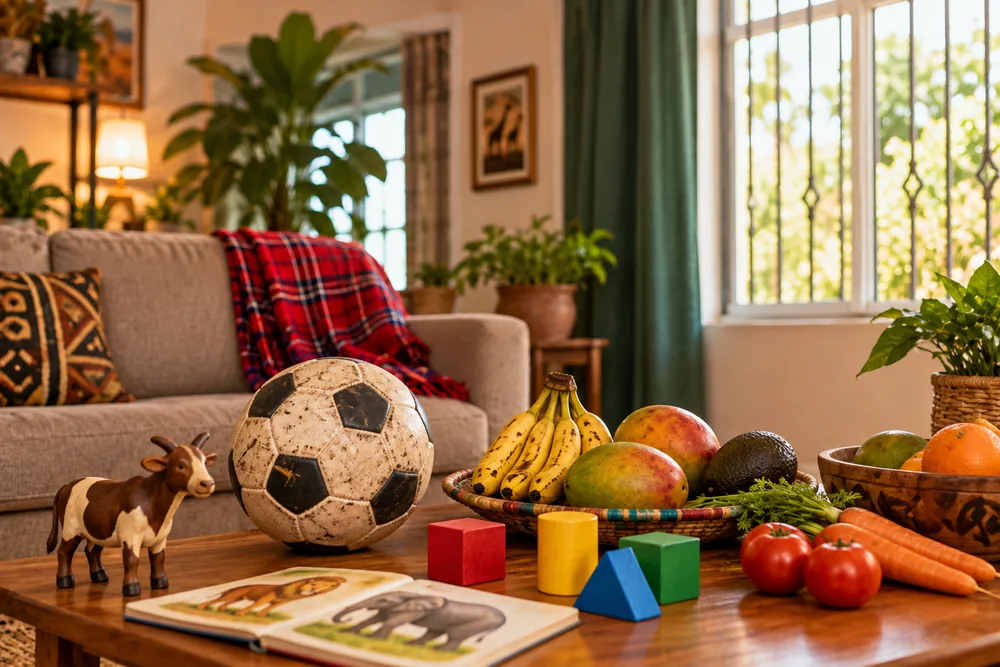 Kenyan living-room still life — worn football, fruits, colour blocks and an animal picture book.