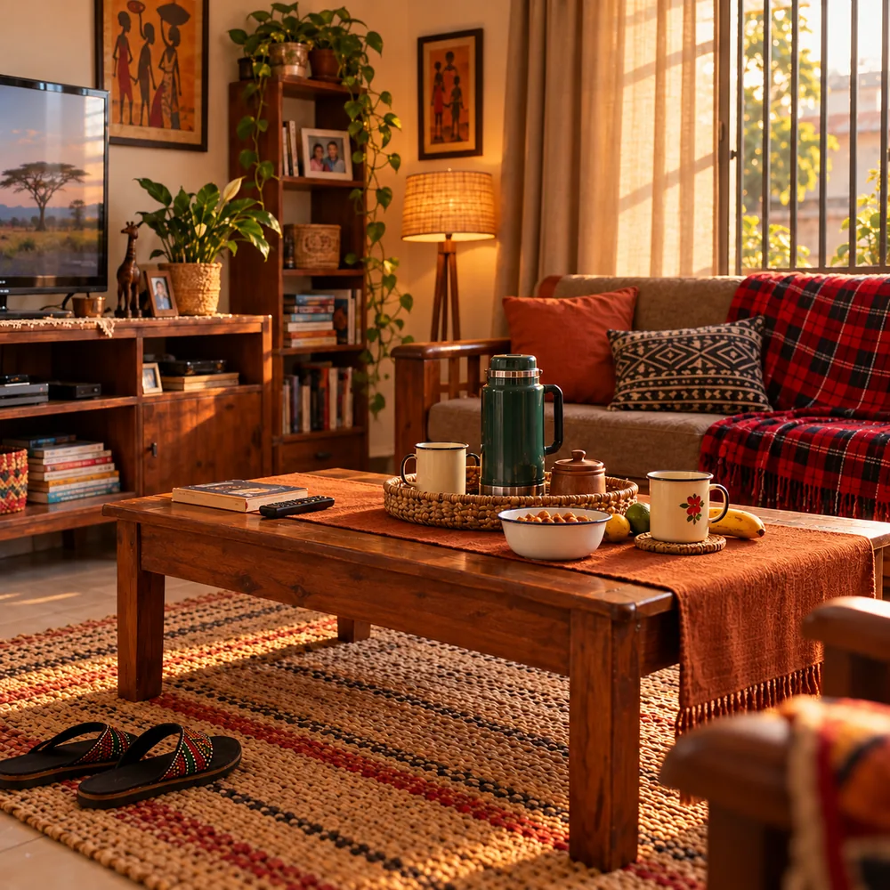 Kenyan living room with a Maasai shuka throw and window grilles.
