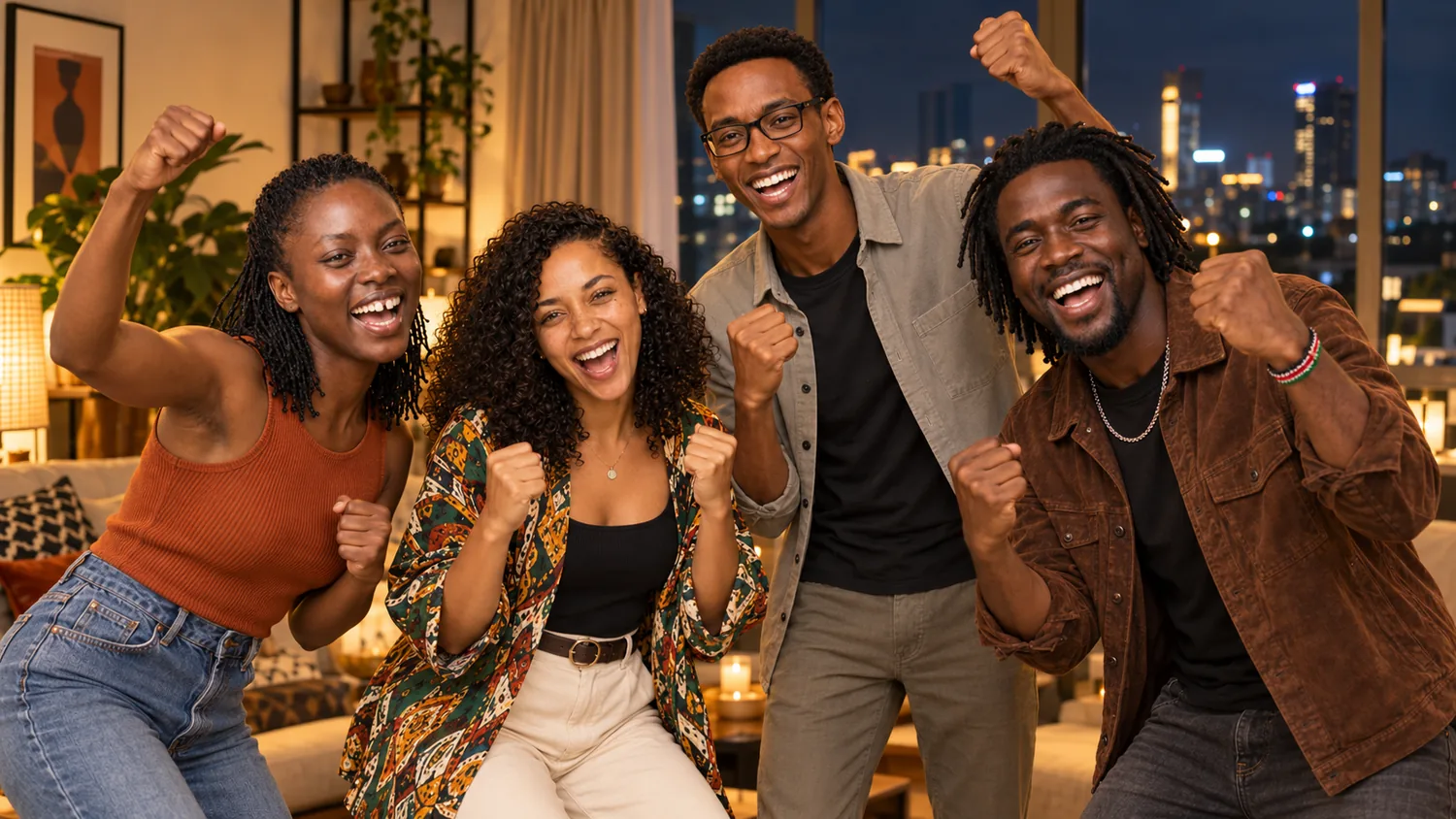 Four friends celebrating with fists in the air during a Nairobi game night.
