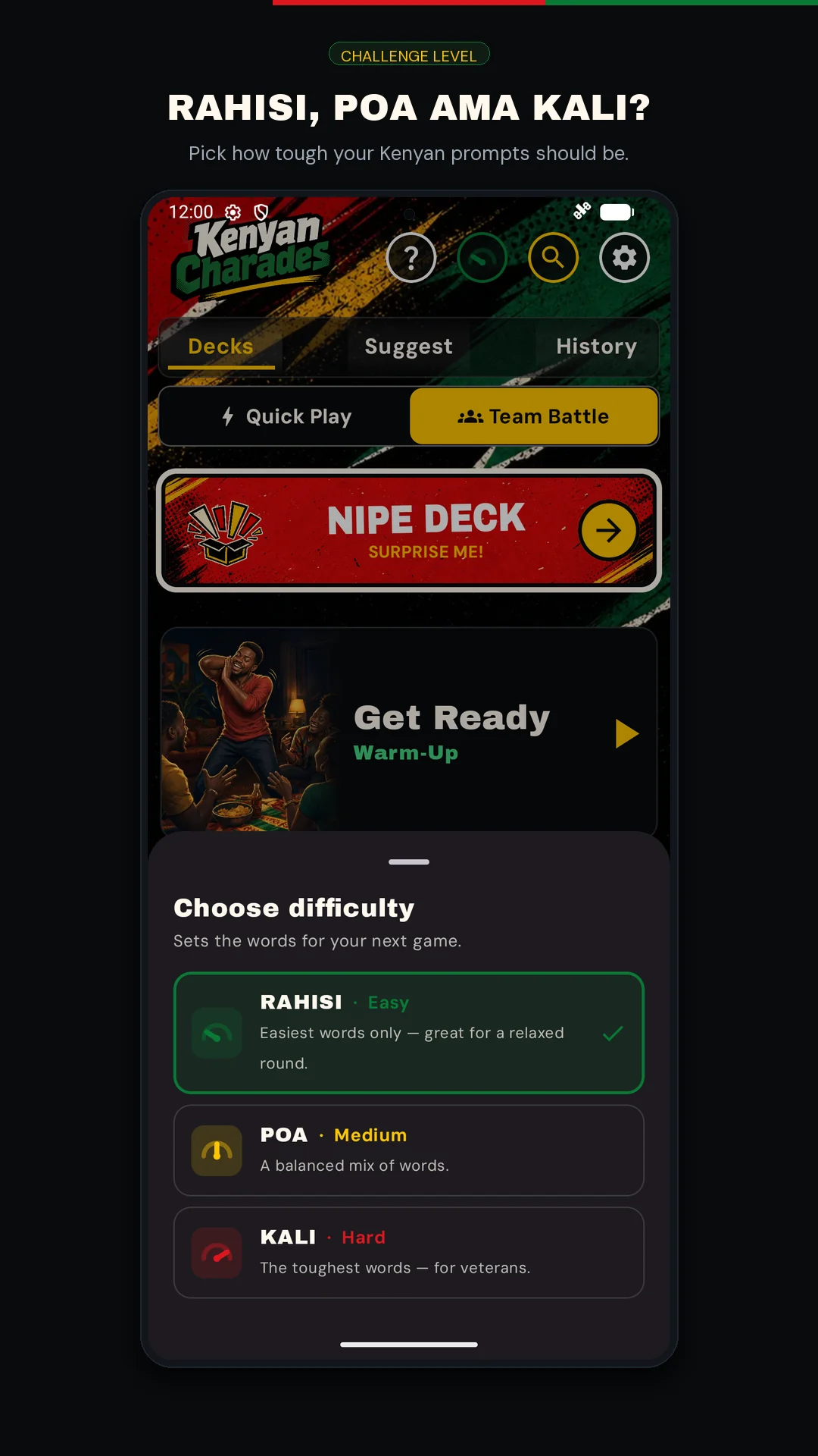 Kenyan Charades difficulty selection screen, offering Rahisi, Poa and Kali.