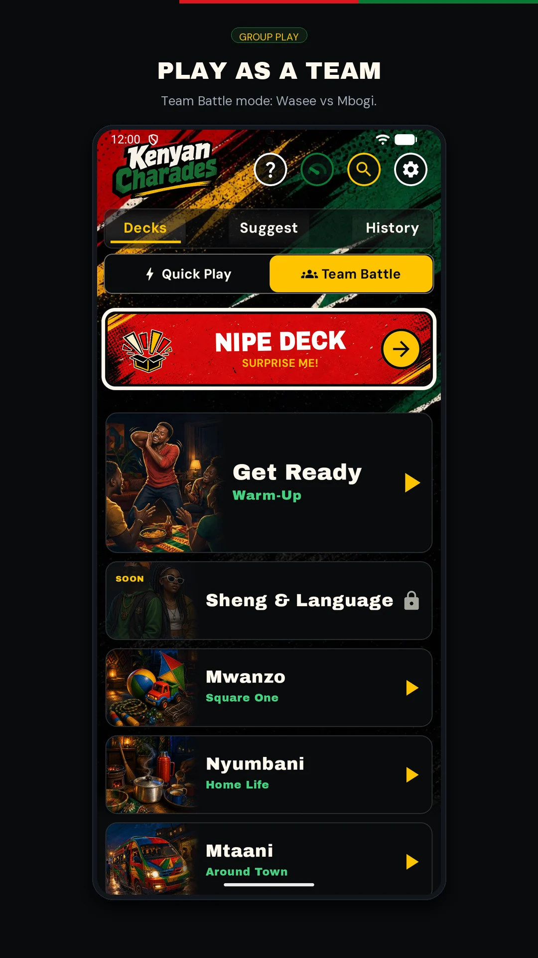 Kenyan Charades Team Battle screenshot showing the group-play home screen.
