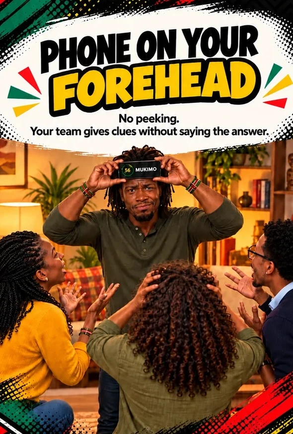 A player holds the phone to their forehead while friends give clues.